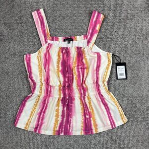 Nicole Miller Tank Top Womens Medium Pink Linear Stripe Peplum Cami Linen Boho